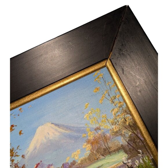 Set Of 4 Hand-Painted Mount Fuji Seasonal Scenes in Black & Gold Wooden Frames - Picture 7 of 16